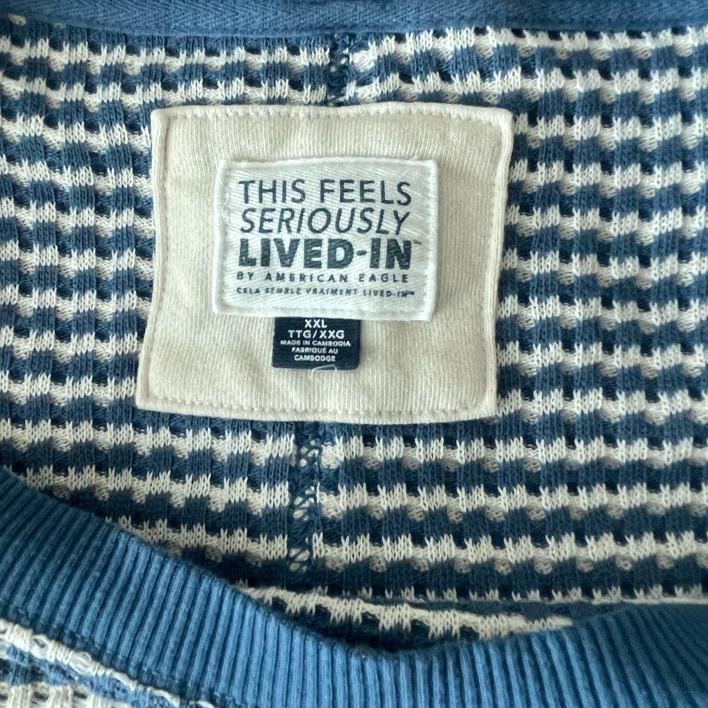 American Eagle Outfitters Blue and Cream Women's Crewneck Sweater